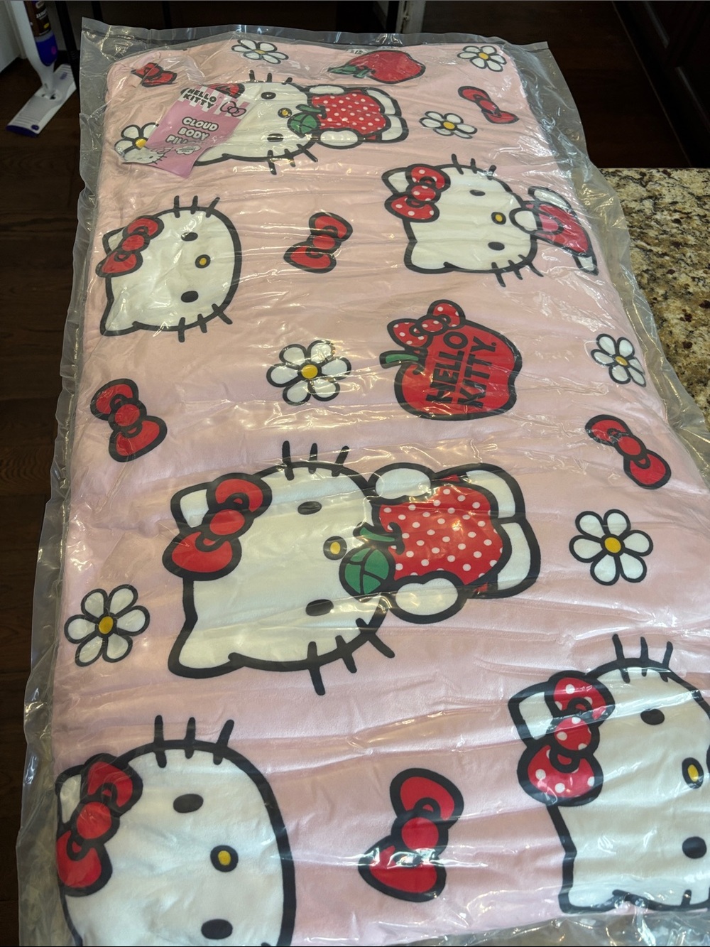 Hello Kitty Pink Body Pillow with Red Strawberry & Bow Accents